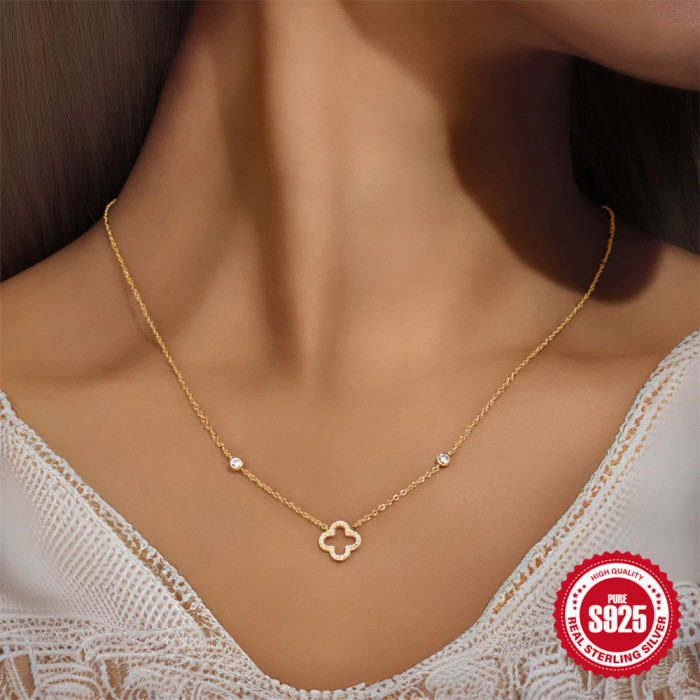 Approximately 925 Silver Light Luxury Stone-Encrusted Four-Leaf Clover Collarbone Chain Korean Version Niche Geomet...