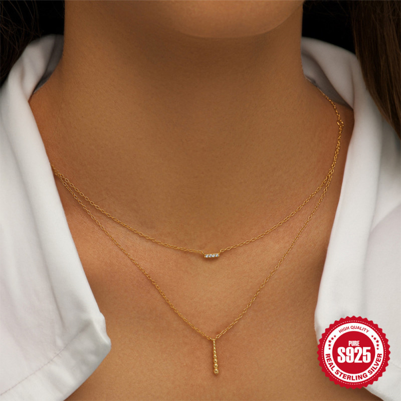 S925 Sterling Silver Geometric Long Bar Inlaid Diamond Round Small Ball Double Layer Necklace European and American Hot Selling Layered Simple Collarbone Chain