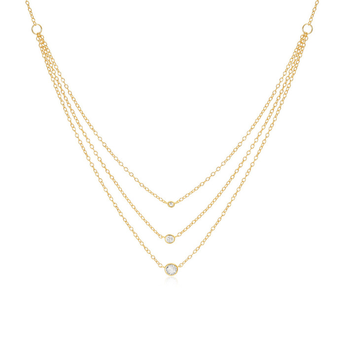 New S925 Sterling Silver Light Luxury Round Diamond Inlaid Three-Layer Stacked Collarbone Chain European and American Hot-Selling Elegant Versatile Necklace for Women