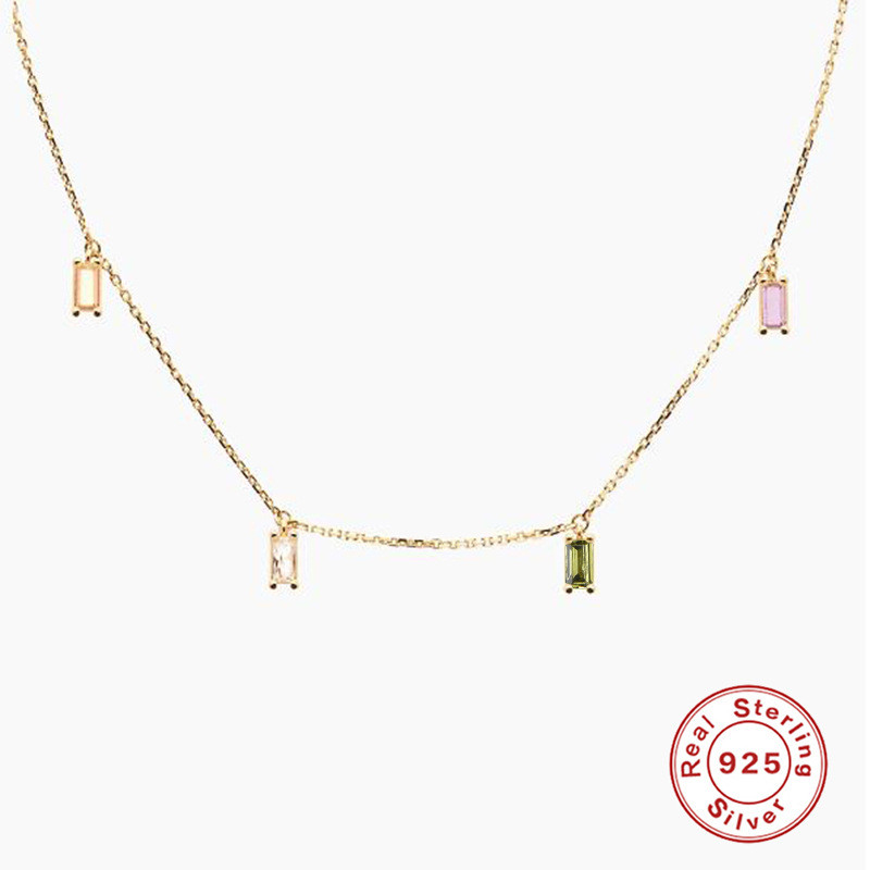 S925 Sterling Silver Simple Colorful Square Inlaid Diamond Layered Collarbone Chain European and American Cross-Border Elegant INS Necklace Jewelry