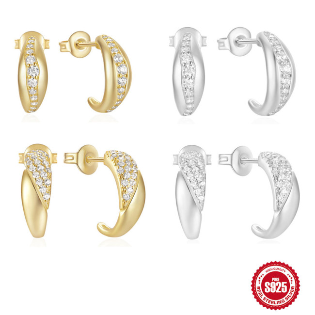 925 Sterling Silver Smooth Surface Diamond-Studded C-Shaped Double Hoop Earrings for Women, Popular on Instagram, Versatile Moon Earrings
