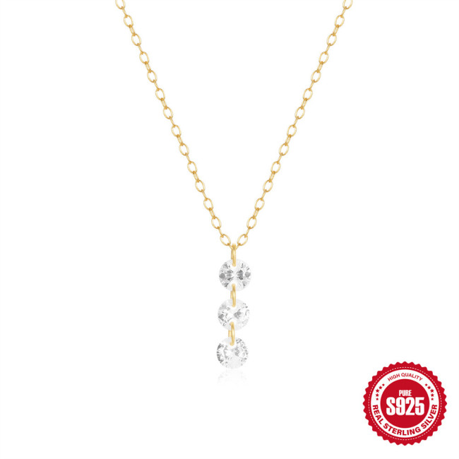 S925 Sterling Silver Three Diamond Inlaid Women's Collarbone Necklace Korean Version Niche Design Sense Light Luxury Elegant Versatile Necklace