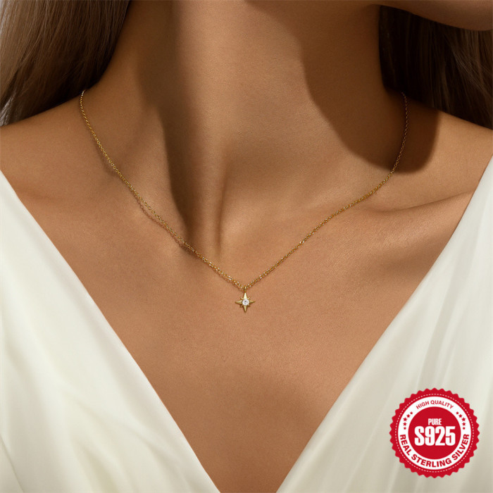 925 Sterling Silver Hot-Selling Classic Eight-Pointed Star Inlaid with Diamonds Light Luxury Collarbone Necklace European and American Cross-Border Best-Selling INS Style Necklace for Women