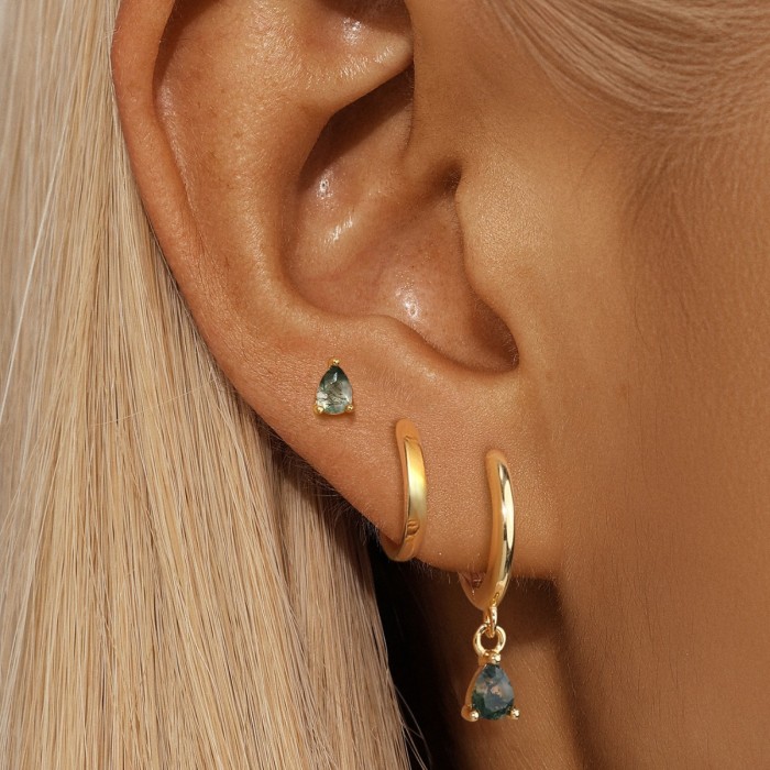 S925 Sterling Silver Geometric Moss Agate Inlaid with Diamonds Piercing Cartilage Earrings Hoop Earrings Set for Wome...