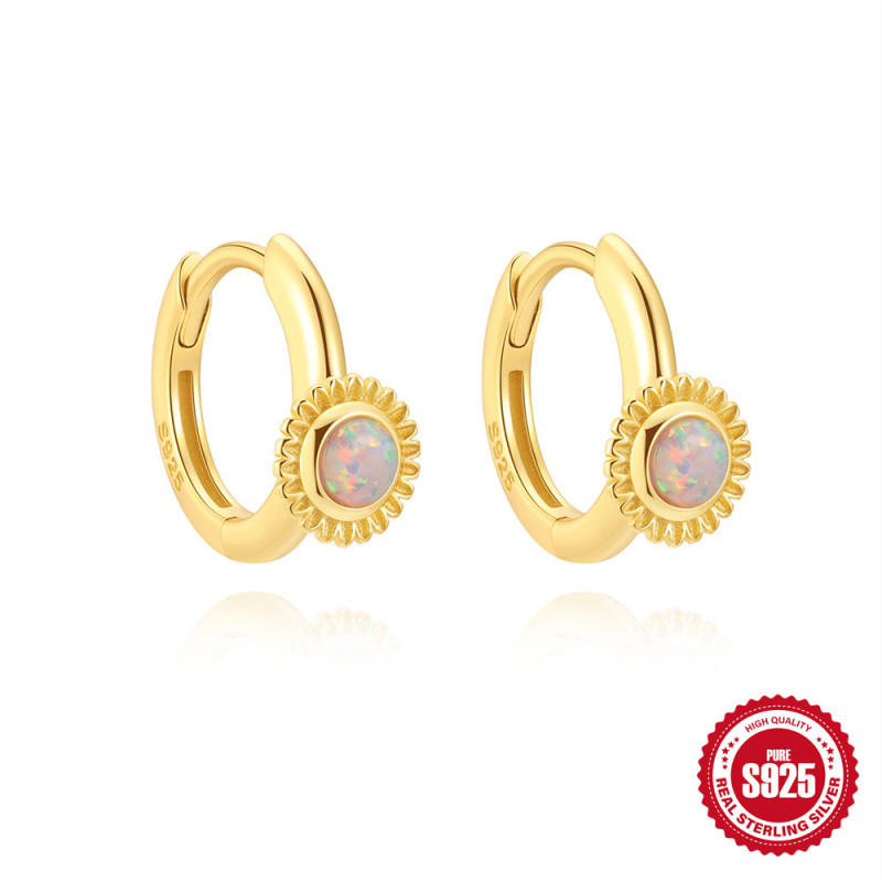 S925 Sterling Silver Opal Metal Sunflower Hoop Earrings European and American Cross-Border Hot Selling Light Luxury Inlaid Diamond Opal Earrings for Women