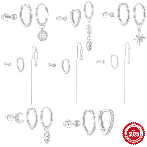 925 Sterling Silver Simple Daily Matching Small Diamond Stud Earrings Plated Bright Silver Elegant Pearl Leaf 3-Piece Earring Set