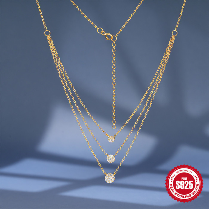 New S925 Sterling Silver Round Full Diamond Three-Layer Stacked Collarbone Chain European and American Hot-Selling Light Luxury Elegant Versatile Necklace for Women