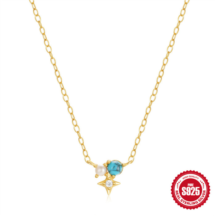 S925 Sterling Silver Turquoise Light Luxury Necklace for Women, Niche Design with Pearls, Simple Trendy French Style, Elegant and High-end Clavicle Chain