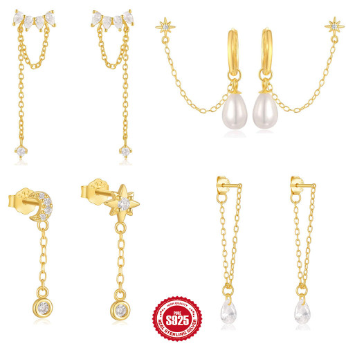 S925 Sterling Silver Eight-Pointed Star Inlaid Diamond Chain Tassel Pearl Hoop Earrings European and American Hot-Selling Elegant Water Drop Earrings for Women