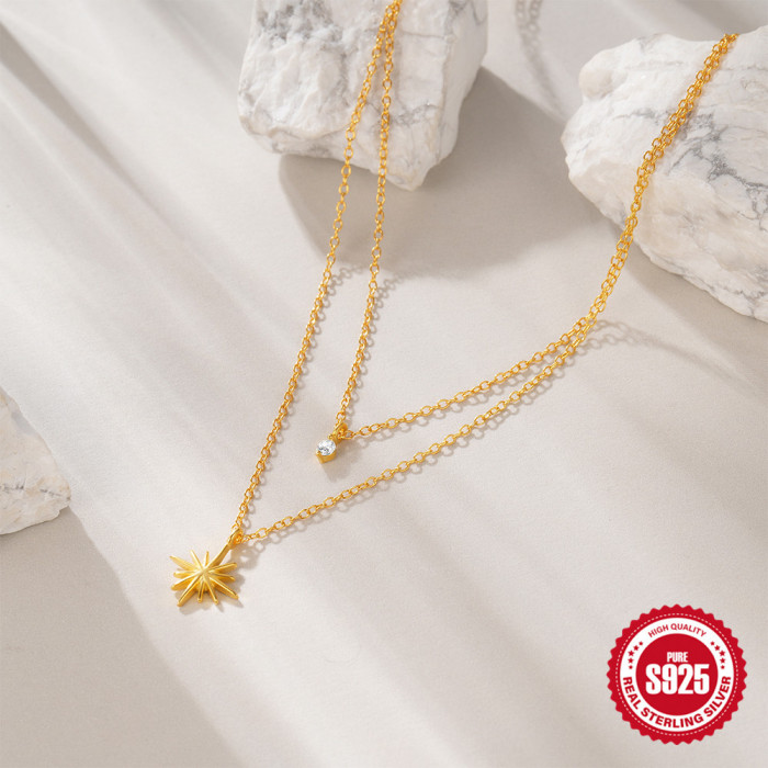 S925 Sterling Silver Double Layer Niche Design Star Zircon Collarbone Chain European and American Hot Selling Layered Light Luxury Inlaid Diamond Necklace for Women