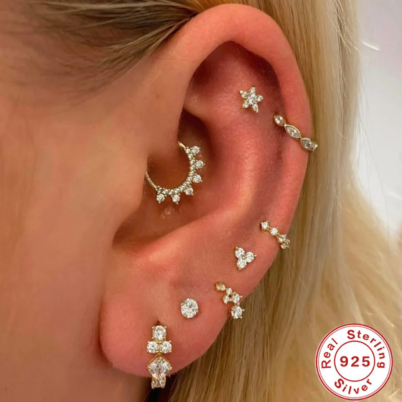 S925 Sterling Silver Cartilage Piercing Diamond-Studded Hoop Earrings Ear Cuffs Ear Cuffs European and American Hot Selling INS Punk Style Ear Bone Clip
