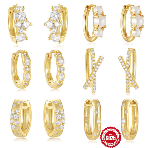 S925 Sterling Silver Rectangular Inlaid Diamond Cross Earrings European and American Hot-Selling Pearl Elegant Versatile Hoop Earrings for Women