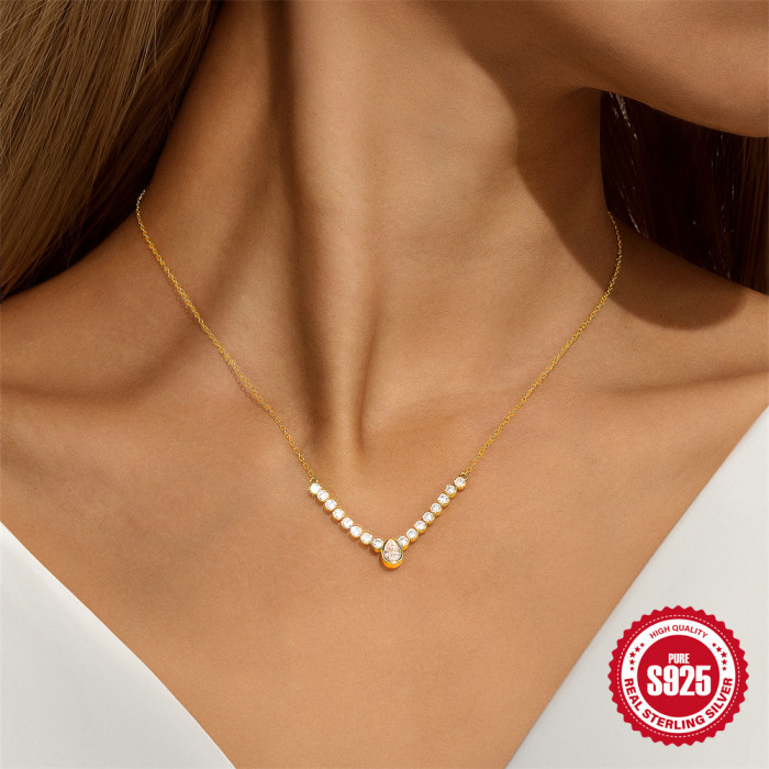 New S925 Sterling Silver Personality Water Drop Zircon Necklace Korean Version Niche Design Retro High-end Unique Col...