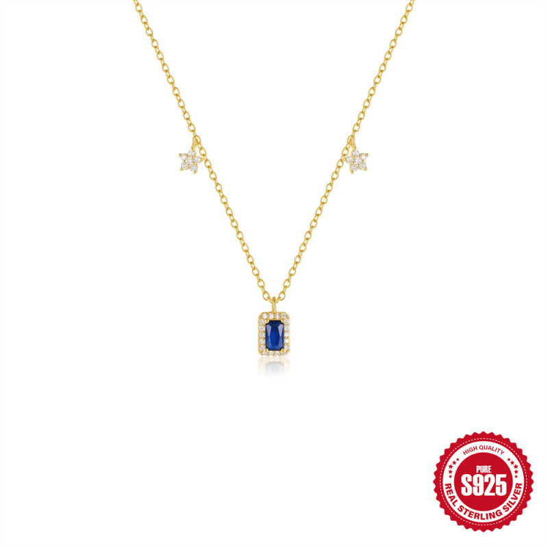 925 Sterling Silver Sapphire Inlaid Diamond Flower Layered Women's Versatile Collarbone Chain European and American French Style INS Temperament Necklace