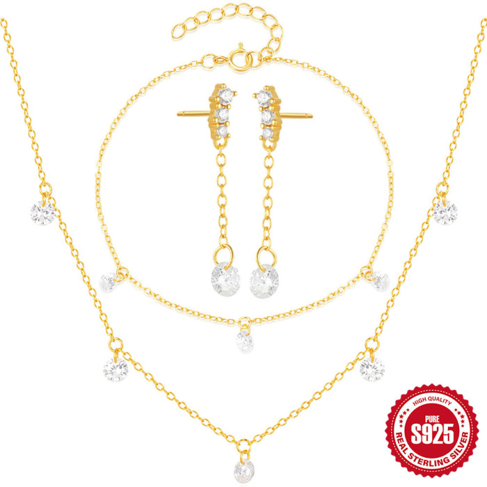 S925 Sterling Silver Inlaid Round Stone Versatile Necklace Bracelet Earrings Jewelry Set Amazon Hot-Selling Niche E...