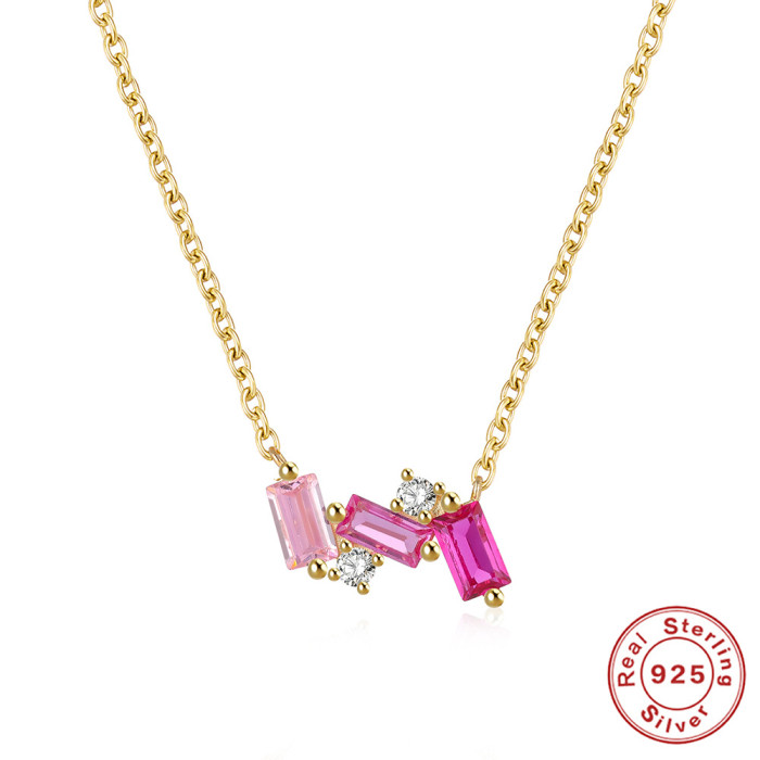 S925 Sterling Silver Square Four-Prong Marquise Colorful Stone-Inlaid Collarbone Necklace Elegant French Style Coll...