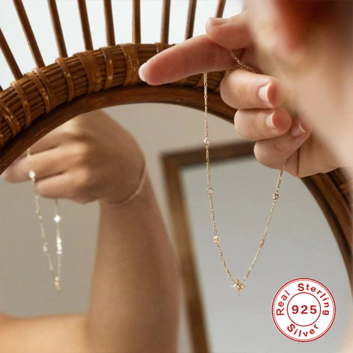 S925 Sterling Silver Star and Moon Pendant with Diamond Inlay Collarbone Necklace European and American Hot Sale Trendy Retro Creative Yin Yang Pendant Collarbone Chain