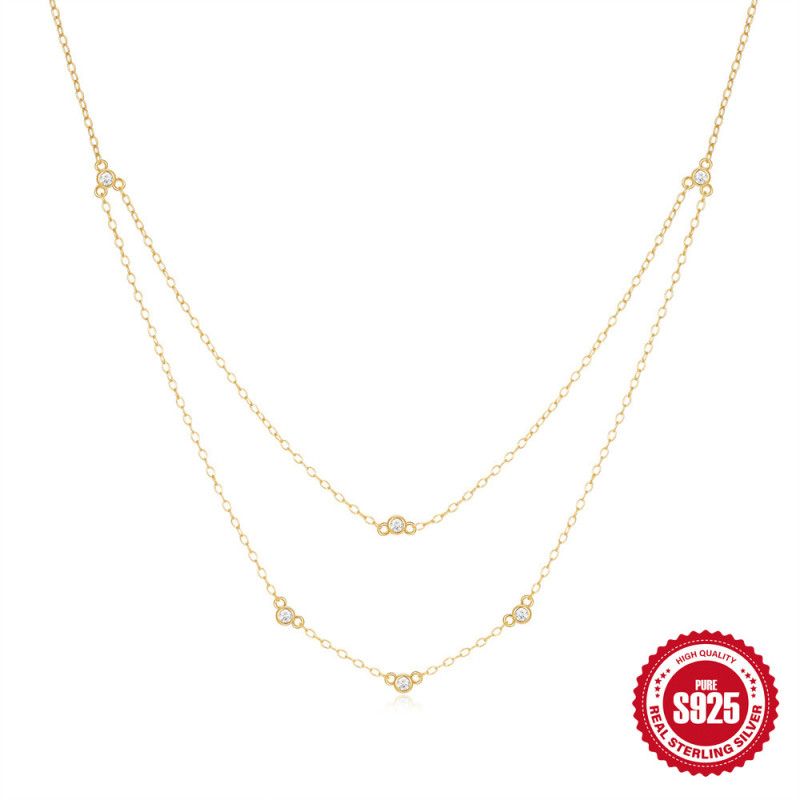 S925 Sterling Silver Double Layer Stacked Zircon Versatile Trendy Ins Collarbone Chain European and American Hot Selling French Style Elegant Necklace