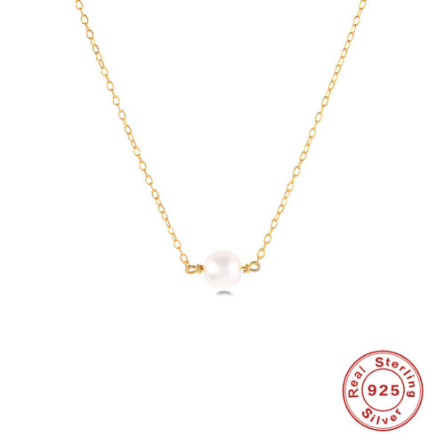 S925 Sterling Silver Socialite Minimalist Style Pearl Collarbone Necklace Japanese Korean French Style Design Imitation Pearl Pendant Necklace