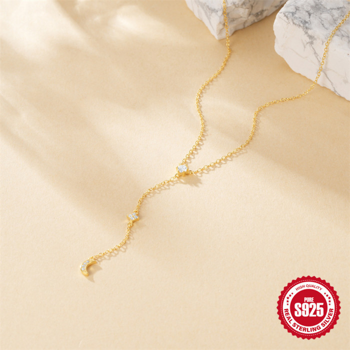 S925 Sterling Silver Star Moon Y-shaped Pendant Necklace for Women Korean Version Ins Style Light Luxury Exquisite High-end Clavicle Chain