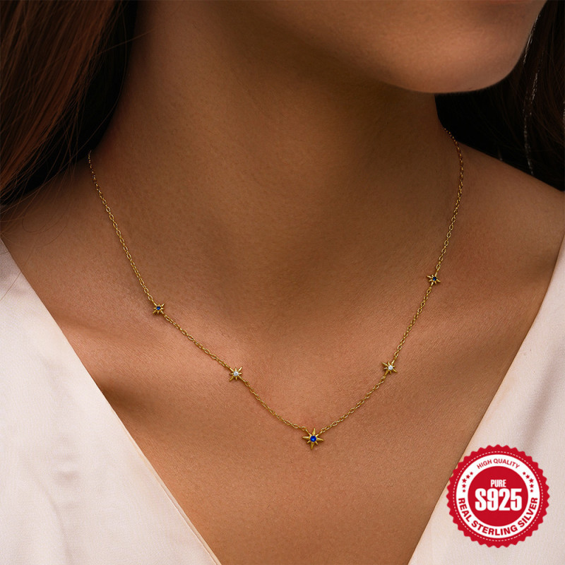 S925 Sterling Silver Lucky Eight-Pointed Star Inlaid with Diamonds Exquisite Collarbone Chain New Light Luxury Niche High-End Versatile Necklace for Women