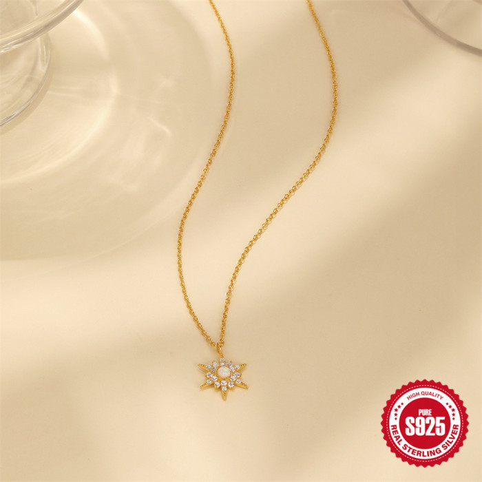 New S925 Sterling Silver Inlaid Diamond Opal Sunflower Collarbone Necklace Amazon Bestseller Light Luxury Elegant Versatile Necklace
