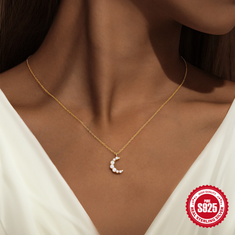 S925 Sterling Silver Inlaid Diamond Opal Moon Necklace Bracelet Earrings Set New European and American Hot-Selling High-End Jewelry Set
