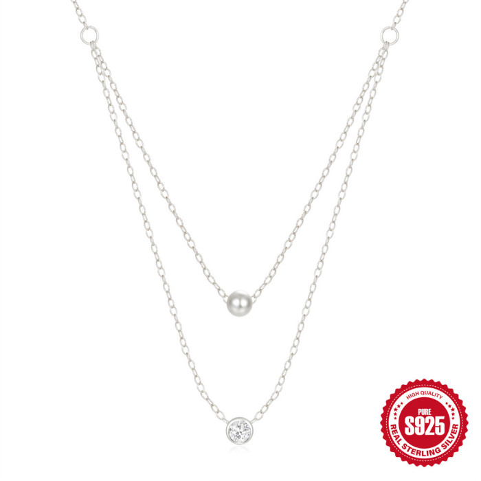 925 Sterling Silver Double Layer Stacked Single Diamond Versatile Trendy Women's Collarbone Necklace European Hot Selling Fashion Ins Style Necklace