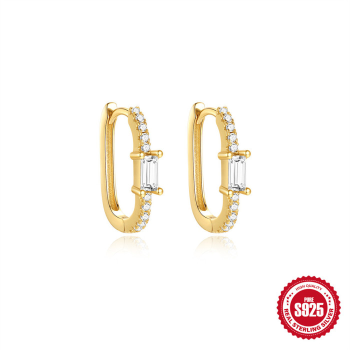 S925 Sterling Silver Geometric Rectangle Zircon Earrings Niche Versatile U-Shaped Hoop Fashion Inlaid High-End Earrings