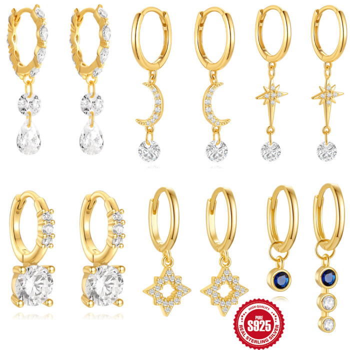 New 925 Sterling Silver Horse Eye Water Drop Inlaid Diamond Hoop Earrings Cross-Border Hot Selling INS Creative Moon Star Earrings