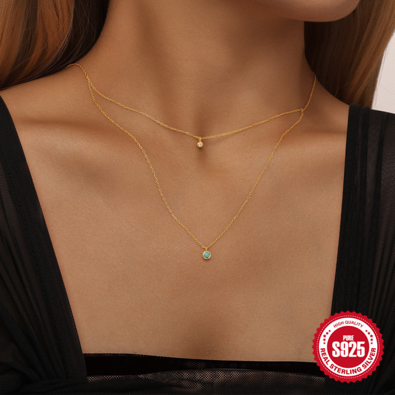 S925 Sterling Silver Double Layer Stacked Single Diamond Inlaid Turquoise Necklace European and American Hot Selling Fashion Daily Matching Clavicle Chain for Women