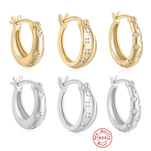 S925 Sterling Silver INS Classic Inlaid Diamond Five-Pointed Star Eight-Pointed Star Hoop Earrings Ear Clips Ear Jewelry European and American Hot-Selling High-End Earrings