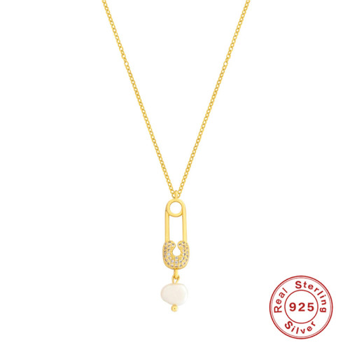 S925 Sterling Silver Paperclip Encrypted Safety Pin Irregular Shaped Pearl Pendant Necklace Xiaohongshu Hot Item