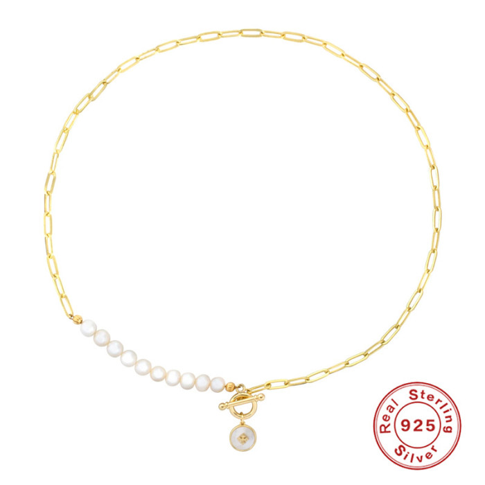 S925 Sterling Silver Paperclip Chain Pearl Sunflower Pendant Collarbone Necklace Internet Celebrity Street Style Personality K Gold Plated Necklace