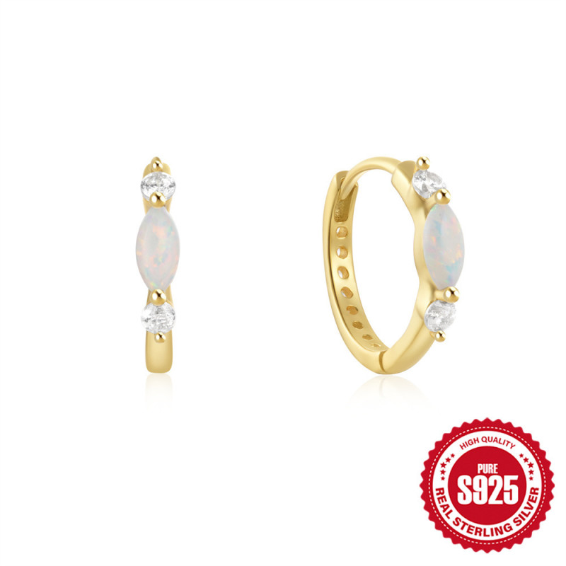 New S925 Sterling Silver Round Micro Pave Zircon Opal Earrings Hoop Earrings Fashionable High-end Temperament Earrings