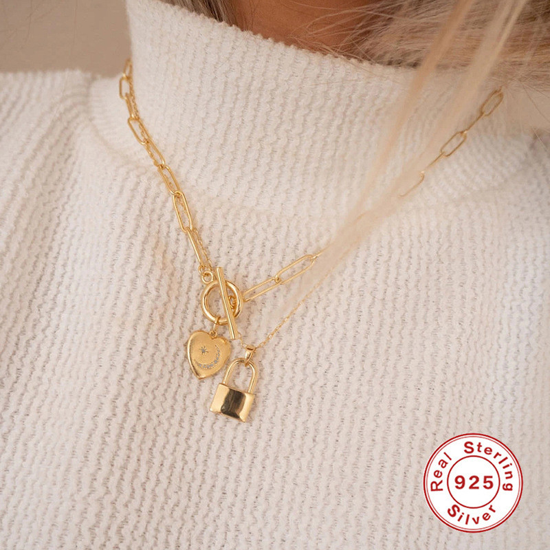 S925 Sterling Silver INS Star Moon Heart Pendant Necklace Korean French Style Office Wear Collarbone Necklace Jewelry
