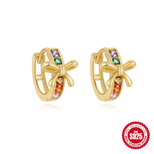 925 Sterling Silver Sweet Fresh Bowknot Colorful Diamond Hoop Earrings European and American Simple Versatile Ear Bone Studs Ins Ear Jewelry