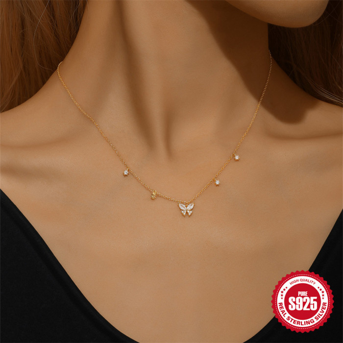 925 Sterling Silver Hot-Selling Butterfly Diamond-Studded Layered Women's Collarbone Chain European and American Cross-Border Hot-Selling INS Style Elegant Necklace