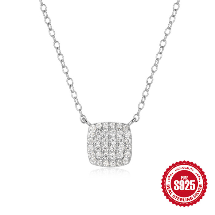 S925 Sterling Silver Square Stone Full Diamond Pendant Clavicle Chain Accessory European and American Hot-Selling New Design Ins Square Necklace