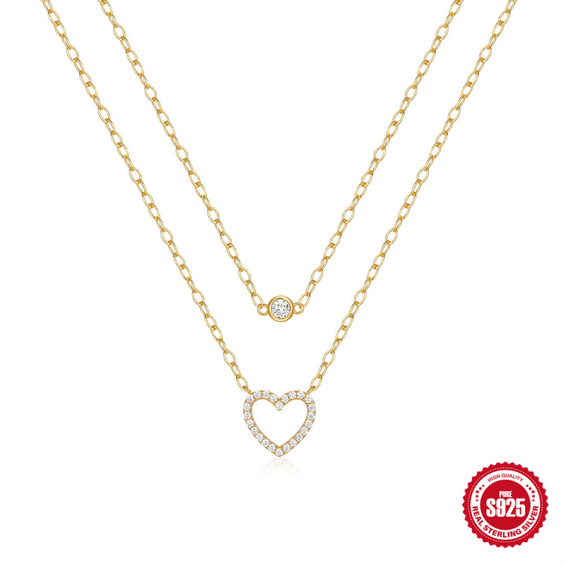 S925 Sterling Silver Double Layer Stacked Diamond Heart Necklace European and American Fashion Trendy Ins Style Street Style Collarbone Chain Necklace