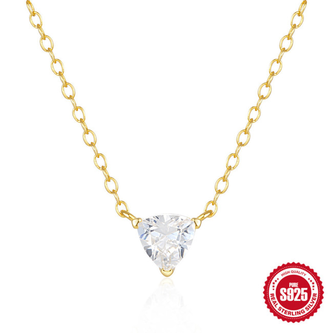 925 Sterling Silver Single Diamond Necklace Triangle Pendant Women's Daily Wear Choker European and American Ins Style Classic Versatile Necklace