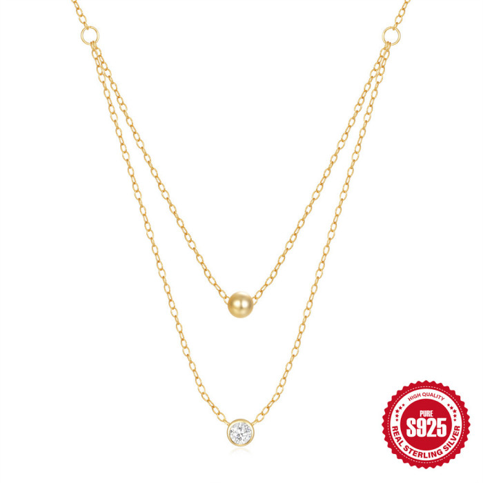 925 Sterling Silver Double Layer Stacked Single Diamond Versatile Trendy Women's Collarbone Necklace European Hot Selling Fashion Ins Style Necklace
