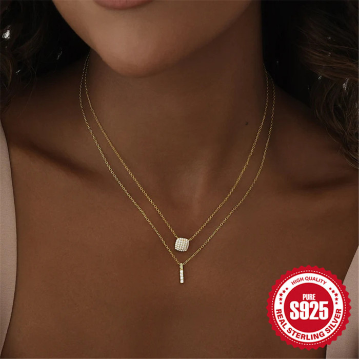 S925 Sterling Silver Square Stone Full Diamond Pendant Clavicle Chain Accessory European and American Hot-Selling New Design Ins Square Necklace