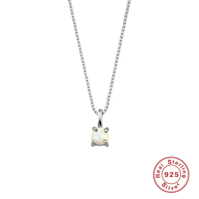 S925 Sterling Silver Opal Necklace Classic Four-Claw Opal Pendant Collarbone Necklace Internet Celebrity TikTok Same...
