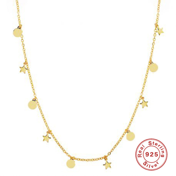 S925 Sterling Silver New Round and Star-shaped Small Badge Pendant Collarbone Necklace Japanese and Korean Style Elegant Personality Light Luxury Necklace