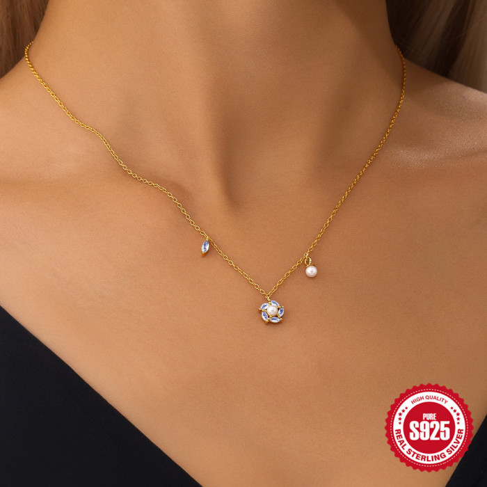 New S925 Sterling Silver Inlaid Diamond Zircon Snowflake Pearl Elegant Collarbone Chain Amazon Bestselling Christmas...