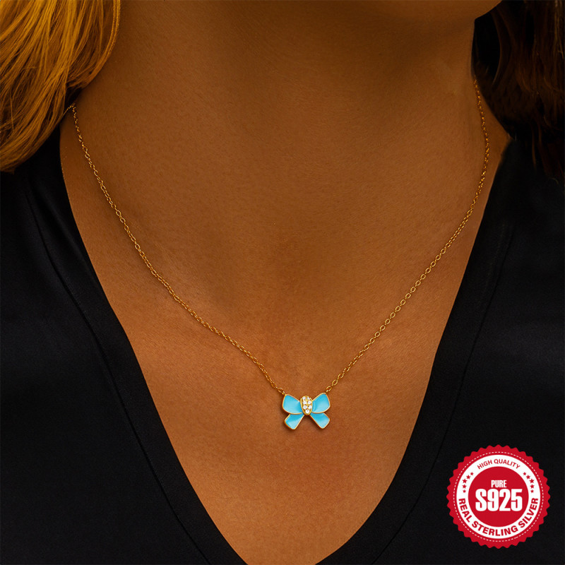 New 925 Sterling Silver Butterfly Inlaid Diamond Oil Drop Imitation Enamel Creative Collarbone Chain European and American Hot-Selling French Style Necklace