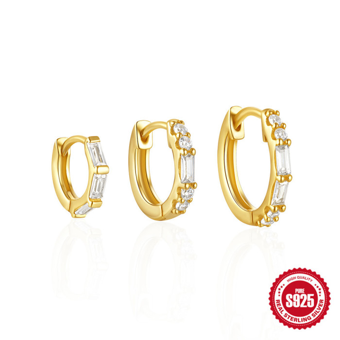925 Sterling Silver Classic Stone-Studded Hoop Earrings Set Hot-Selling INS Minimalist Style Everyday Versatile Ear...