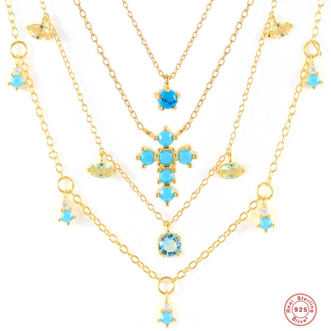 S925 Sterling Silver INS Geometric Turquoise Cross Water Drop Collarbone Necklace Fashion Simple Creative Necklace