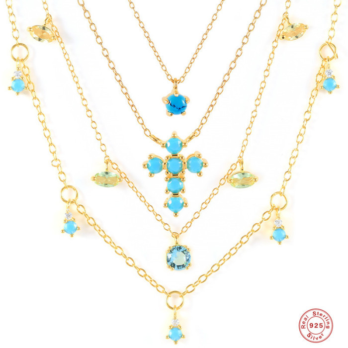 S925 Sterling Silver INS Geometric Turquoise Cross Water Drop Collarbone Necklace Fashion Simple Creative Necklace